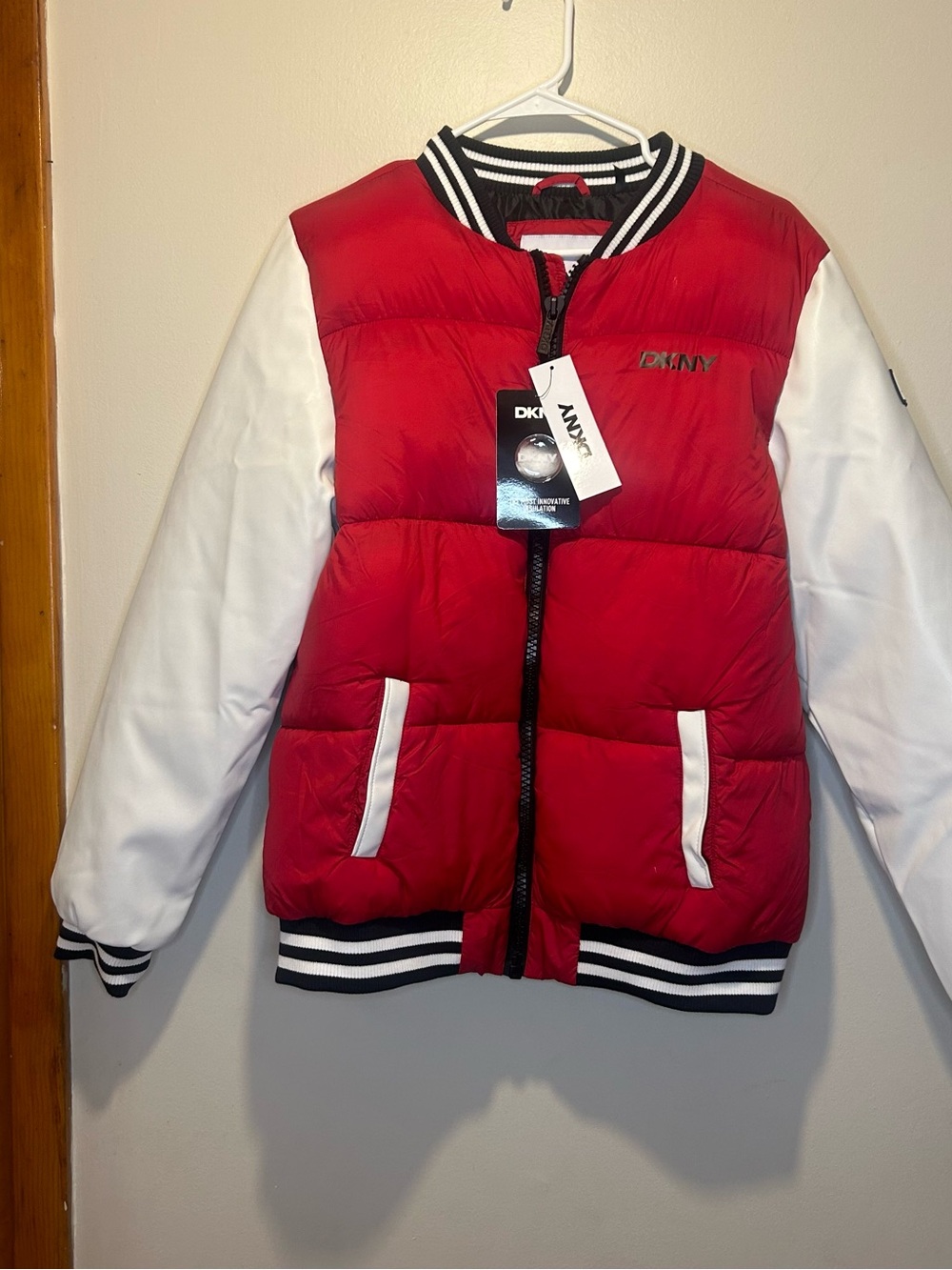DKNY Kids Puffer Varsity Bomber Jacket Red White Size XL 18/20 NWT